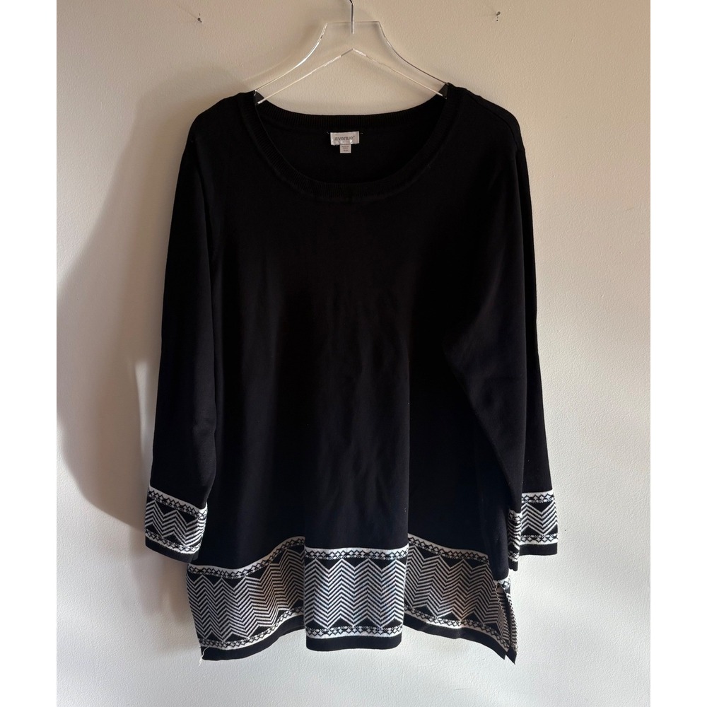 Avenue Womens Plus 18/20 Black White Geometric Border Print Knit Sweater‎ Tunic